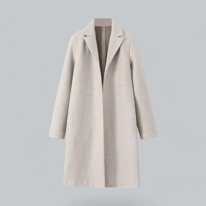 Women's long winter coat in oatmeal, open front longline with notch lapel