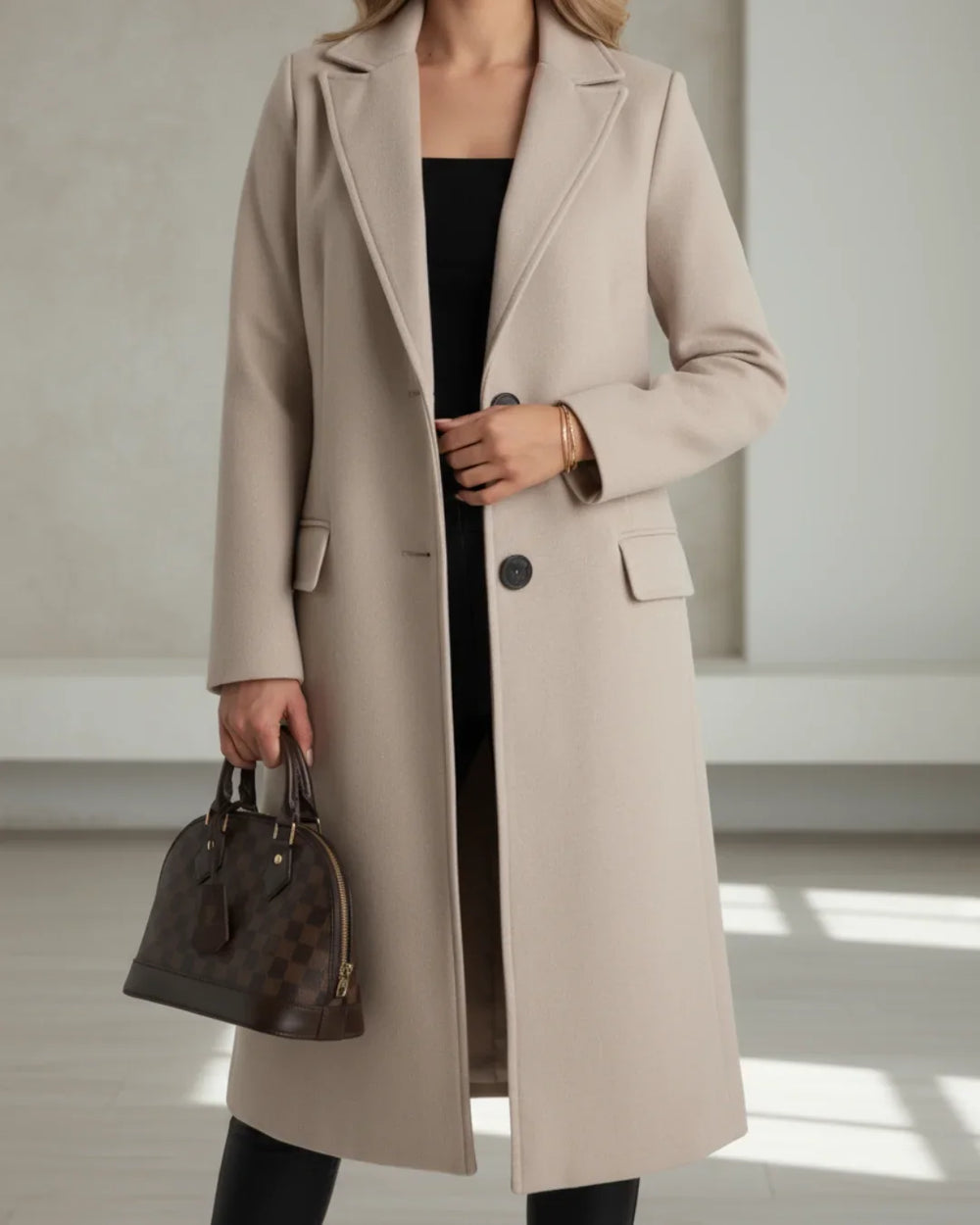 Women's longline coat in beige, tailored notch lapel single breasted