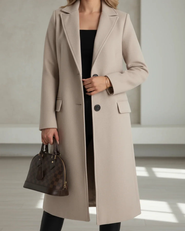 Women's longline coat in beige, tailored notch lapel single breasted
