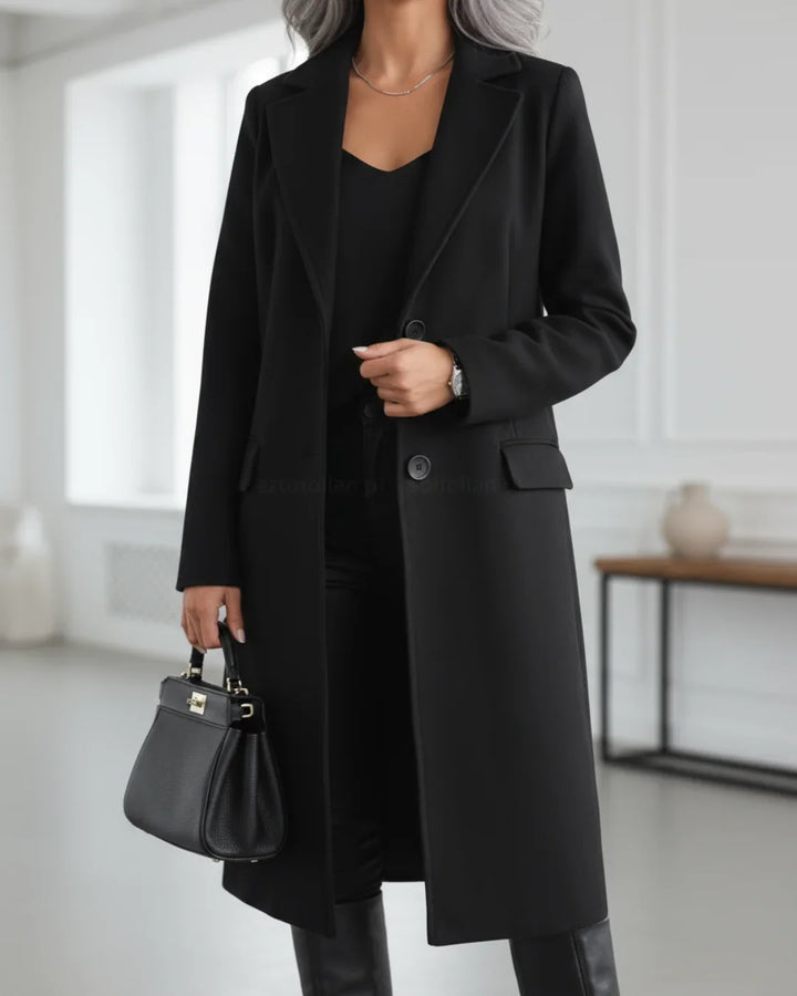 Women's longline coat in black, tailored notch lapel single breasted