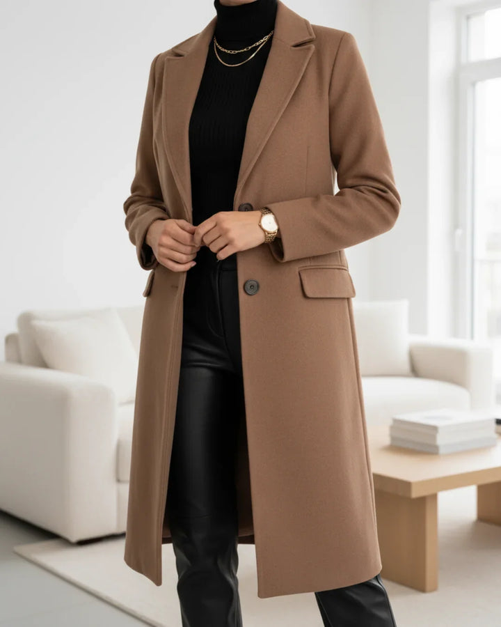 Women's longline coat in brown, tailored notch lapel single breasted
