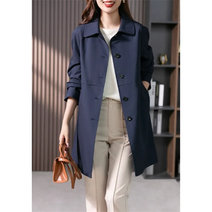 Women's mac coat in dark blue, single breasted collared mid length
