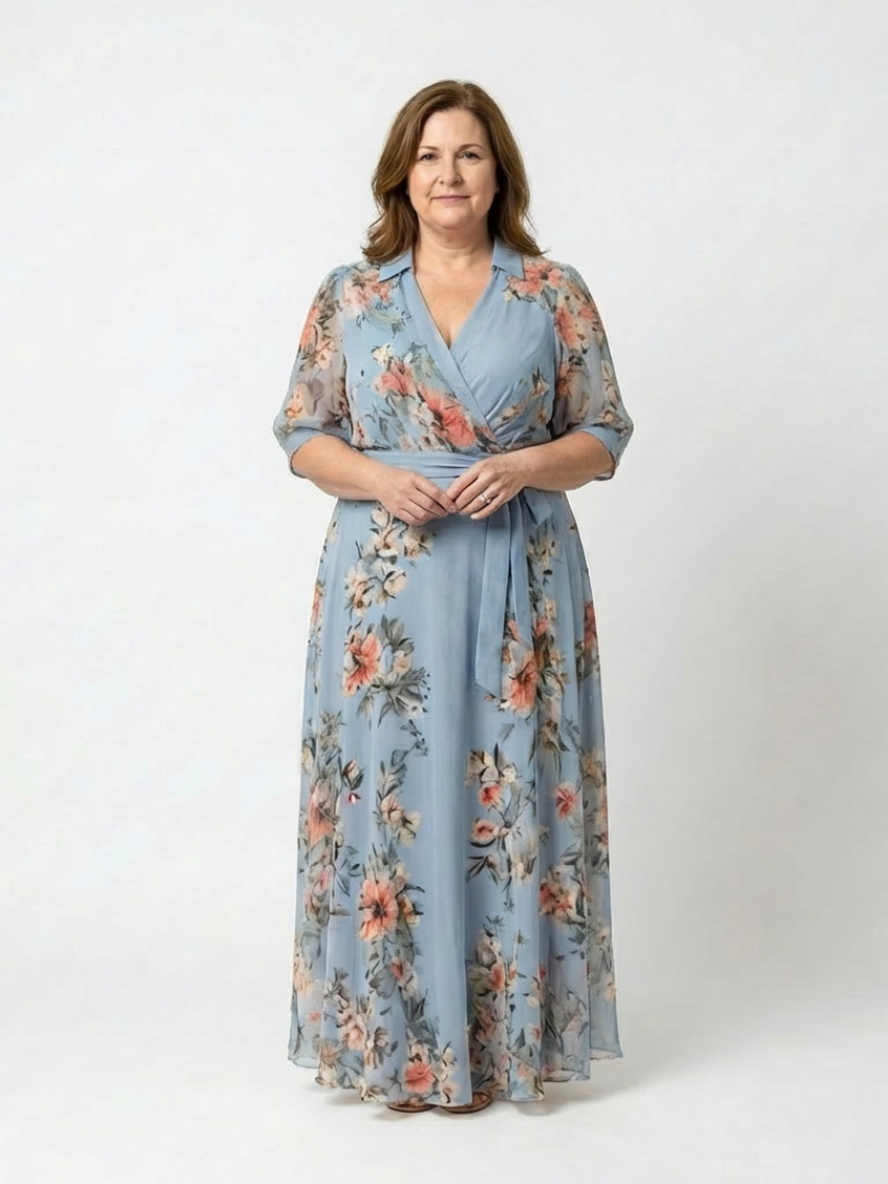 Pale blue floral wrap dress worn by a curvier model, front view