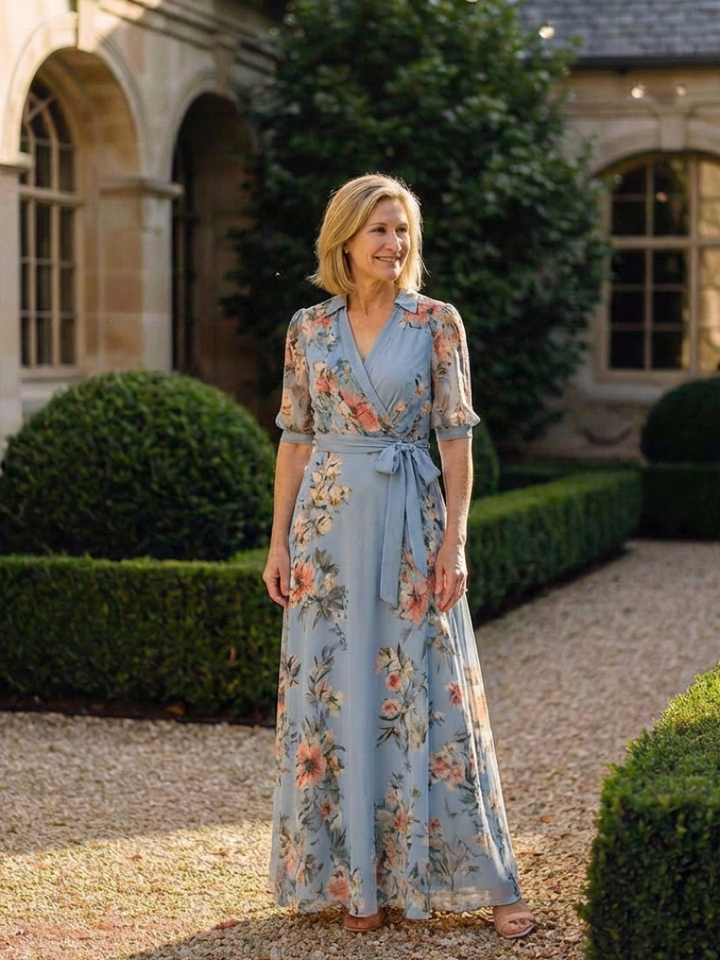 Floral wrap dress worn in a formal garden with clipped hedges