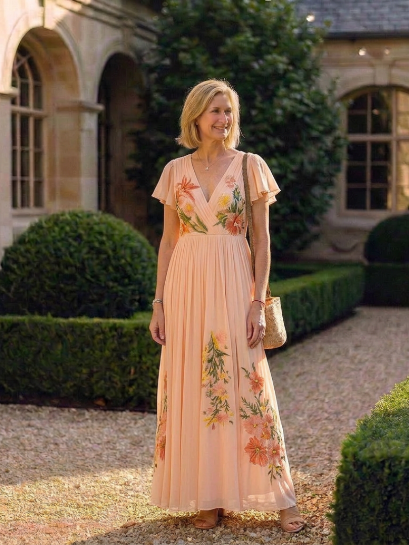Embroidered peach dress styled with a raffia bag in a formal garden