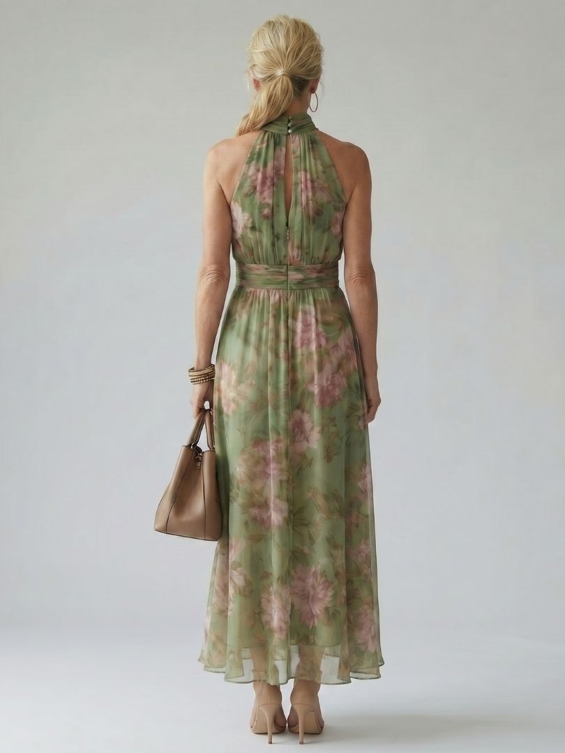 Back view of the sage floral dress showing the high neck and sash