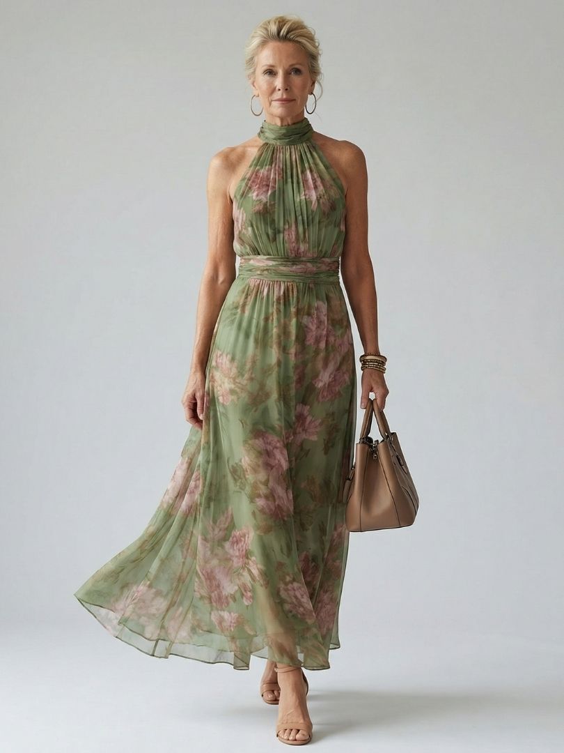 Women's maxi dress in sage green floral with gathered halter neck and sash waist