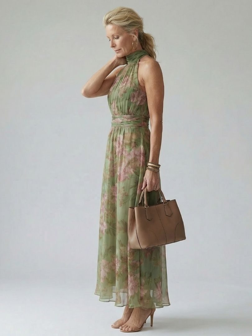 Side view of the sage halter dress with bare shoulders