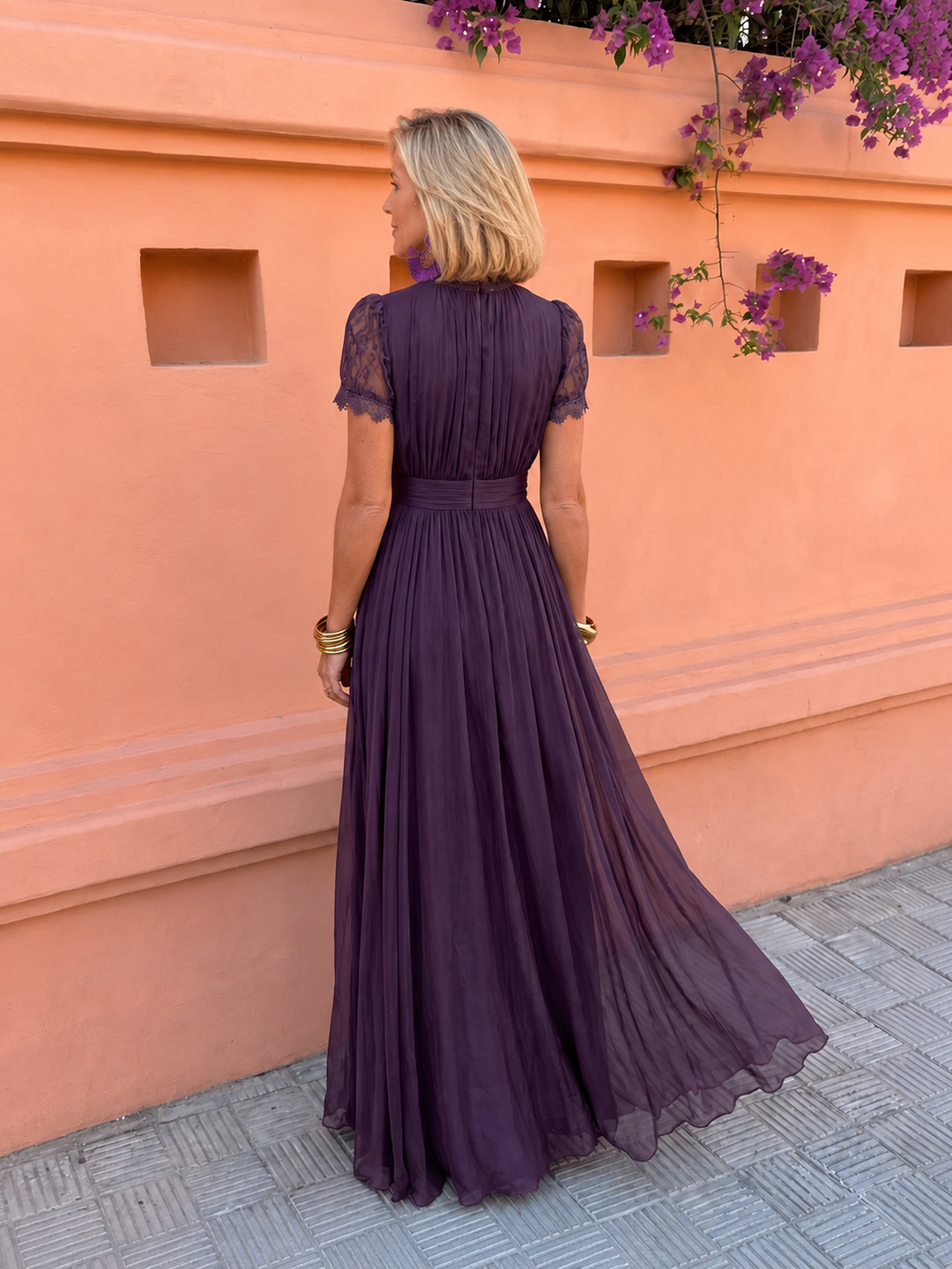Back of the plum maxi dress with full floaty skirt