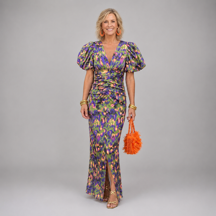 Green multicolour print dress with full puff sleeves and slit hem
