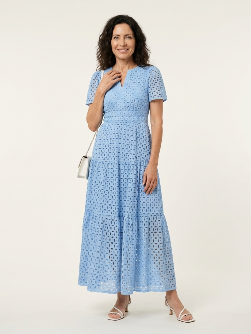 Women's maxi dress in sky blue broderie with split V neck, short sleeves and tiered skirt
