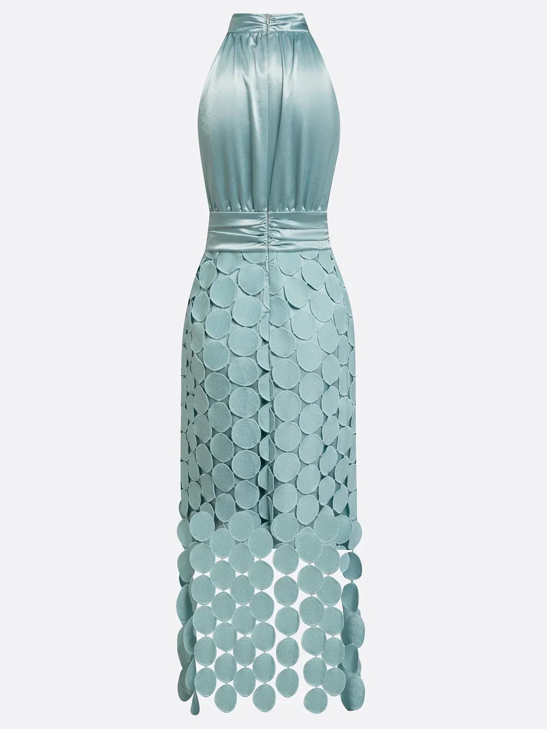 Aqua dress shown flat from the back with ruched waistband