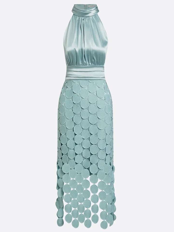 Aqua dress laid out flat from the front with gathered bodice