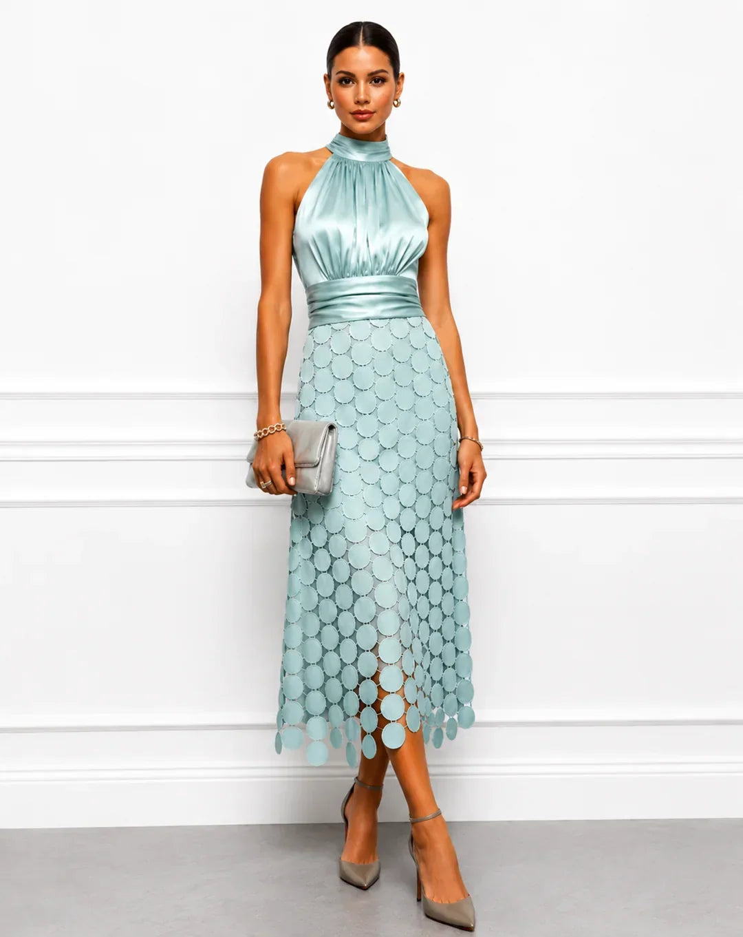 Women's midi dress in aqua with halter neck, ruched waistband and circle appliqué skirt