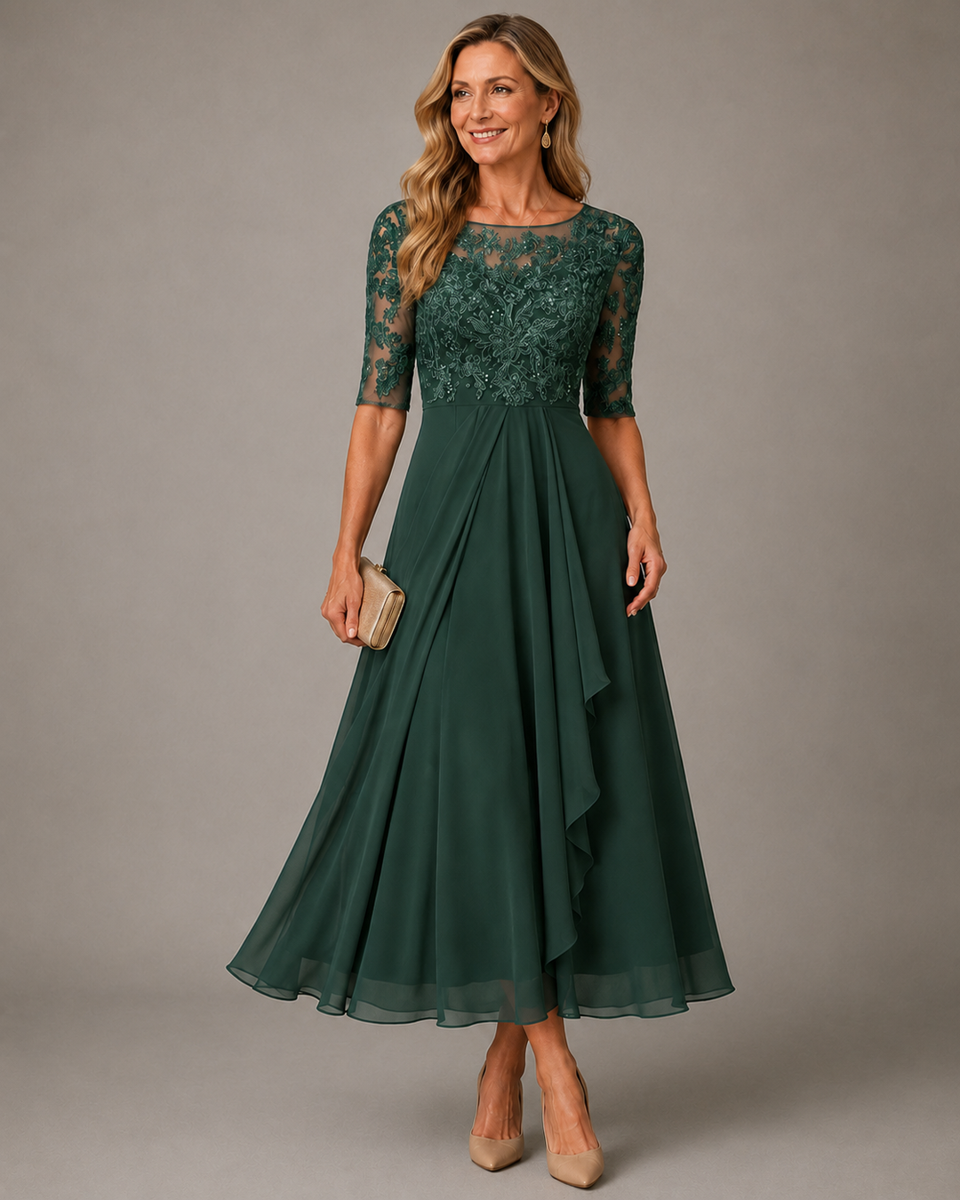 Dark green dress with lace bodice and flared tea-length skirt