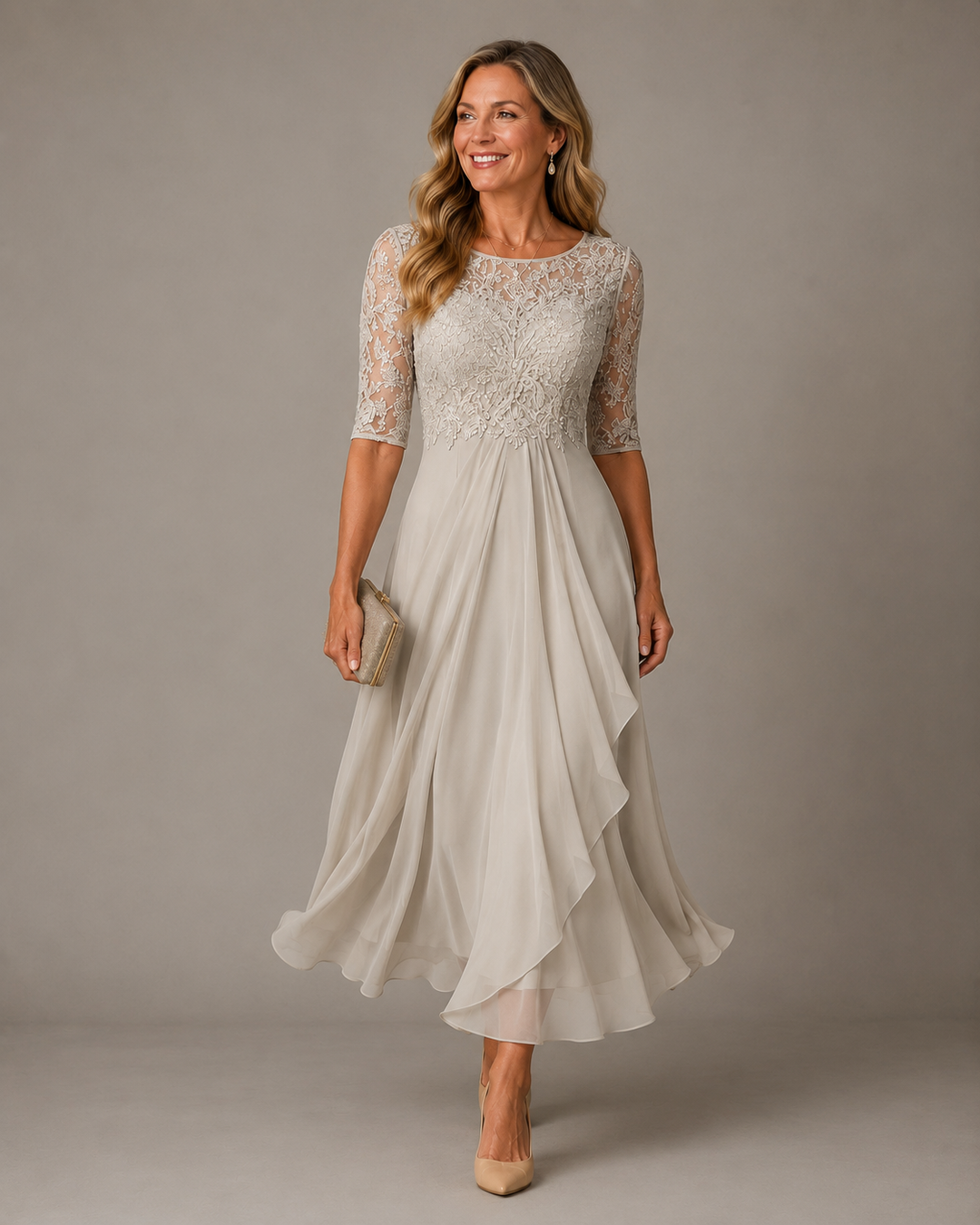 Ivory dress with semi-sheer lace sleeves and soft draped hem