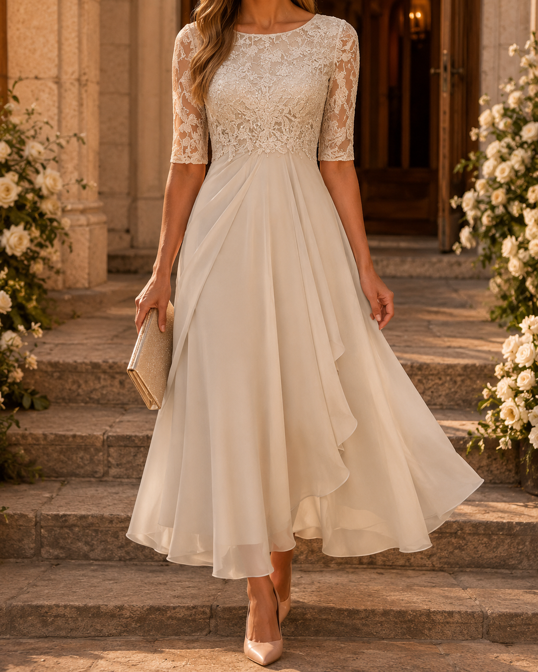 Ivory lace dress styled with nude heels and a clutch on church steps