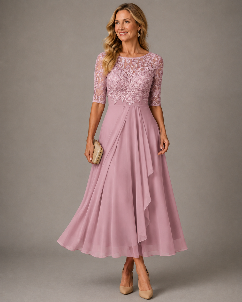 Pink dress with lace top and cascading layered skirt, front view