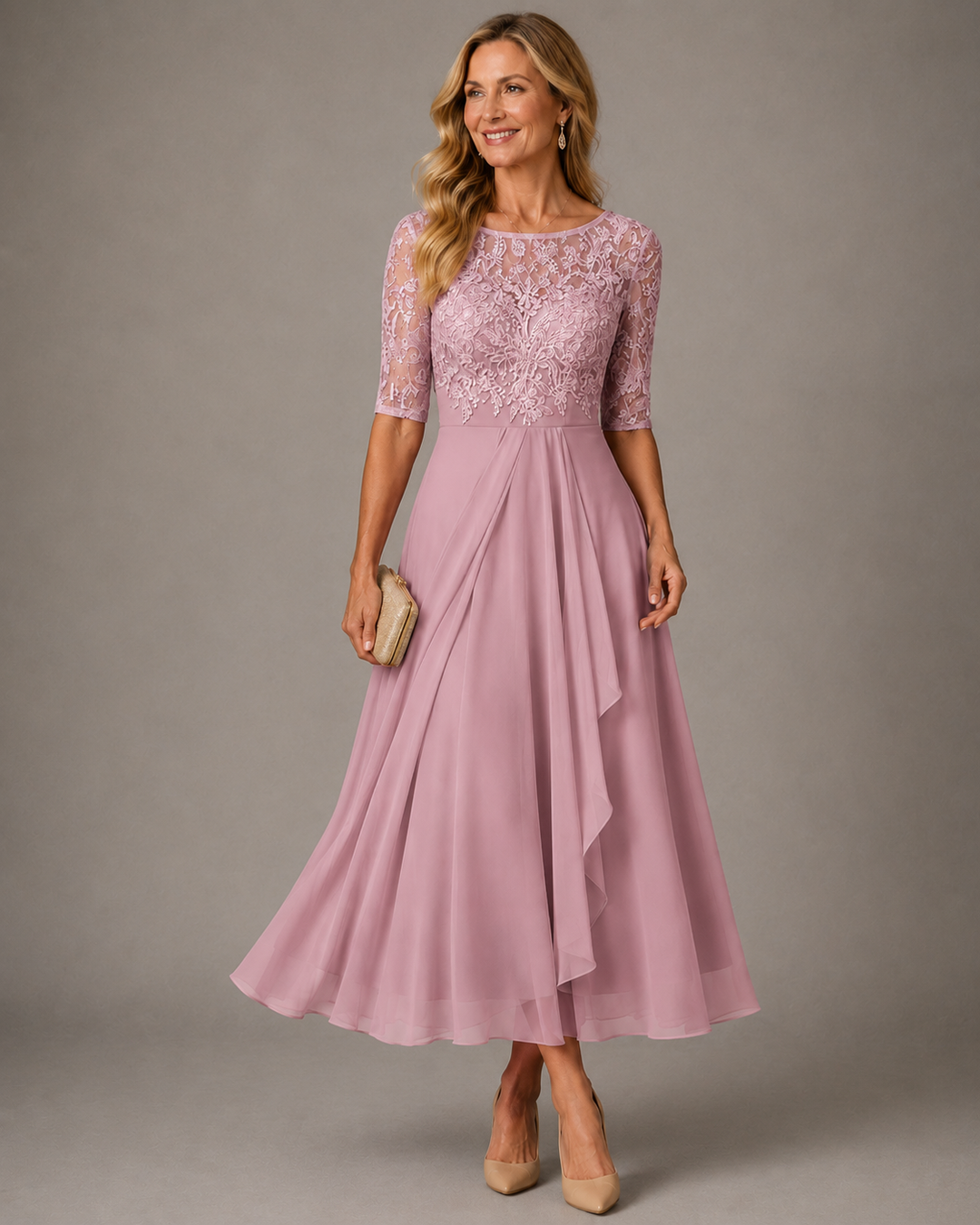 Pink dress with lace top and cascading layered skirt, front view