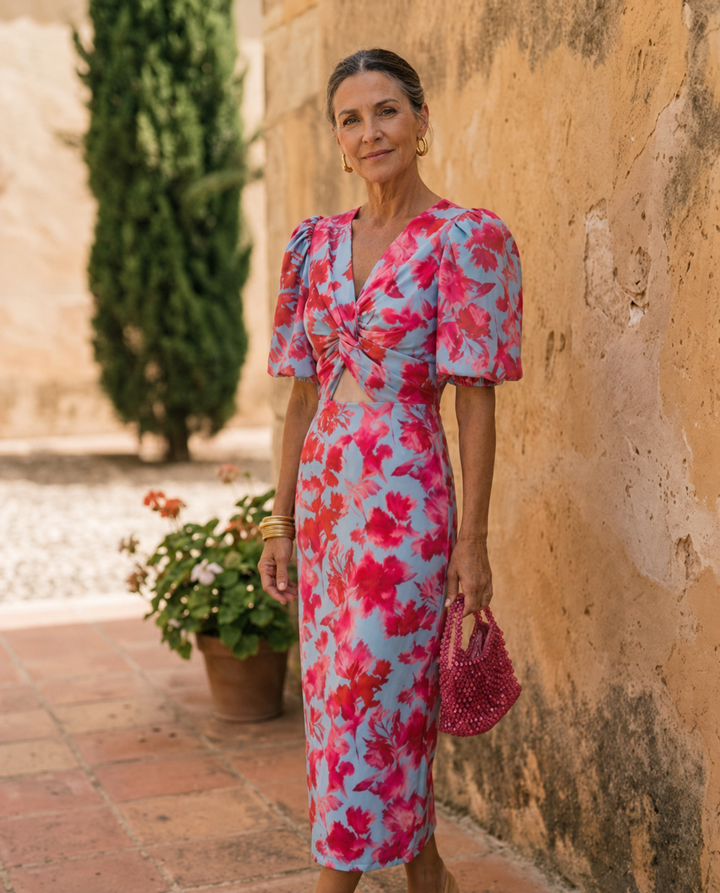 Pink and pale blue floral dress with twisted front and short puff sleeves