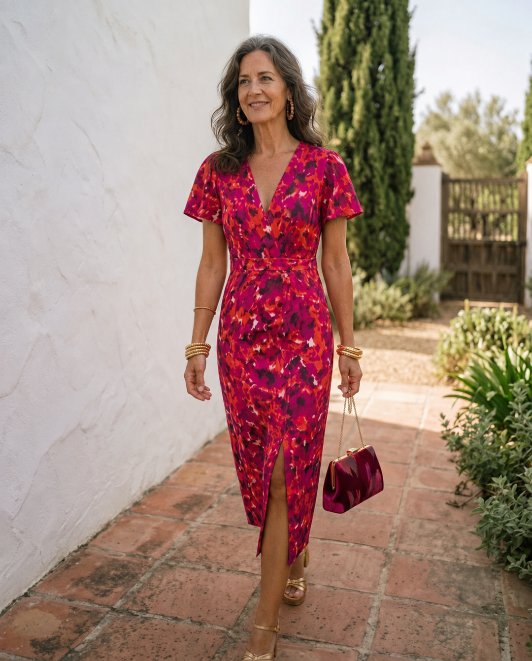 Women's midi dress in red floral print with puff sleeves, ruched wrap front and slit