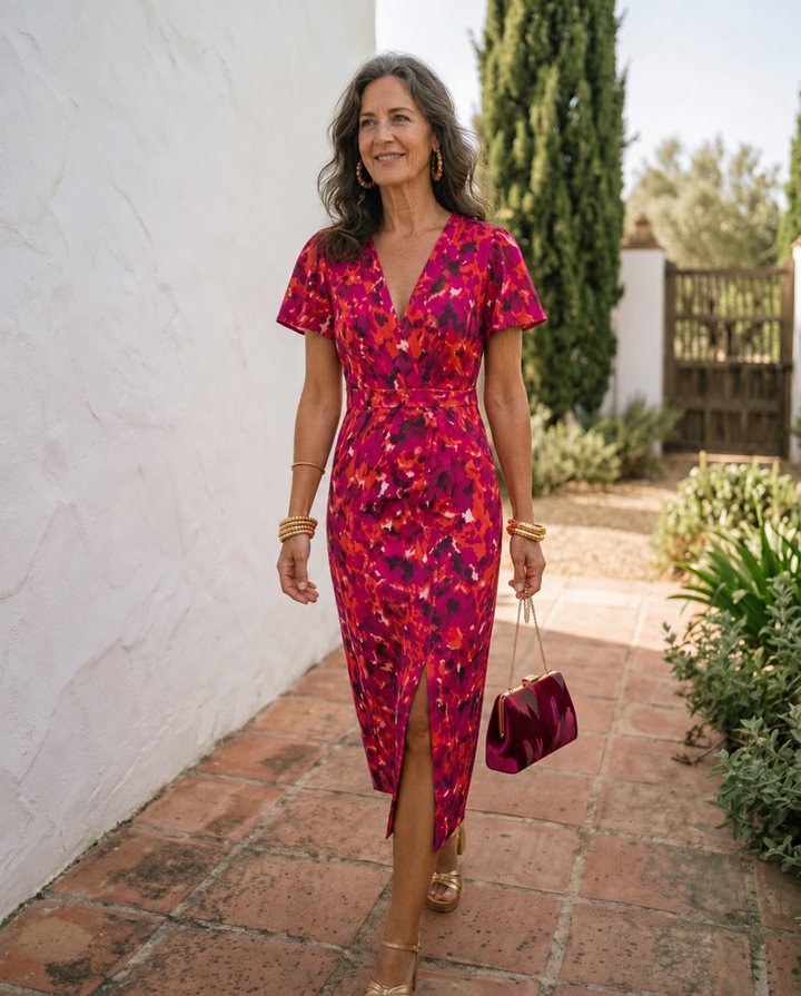 Women's midi dress in red floral print with puff sleeves, ruched wrap front and slit