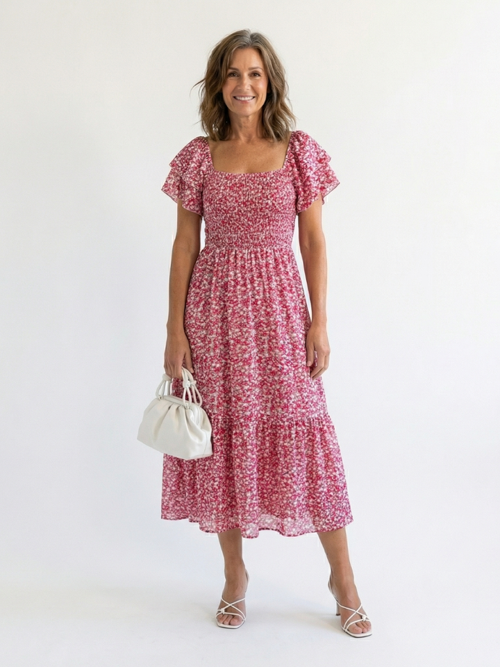 Women's midi dress in pink ditsy floral with smocked bodice, flutter sleeves and tiered hem