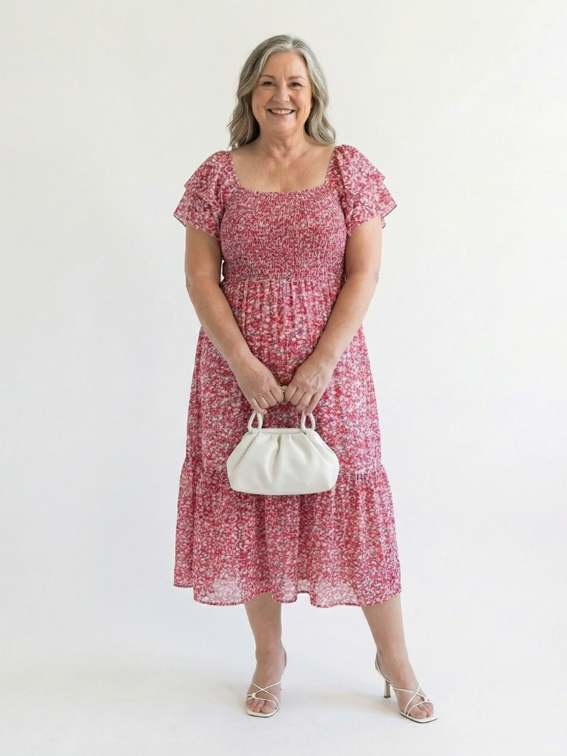 Pink smocked dress worn by a model with silver hair, front view