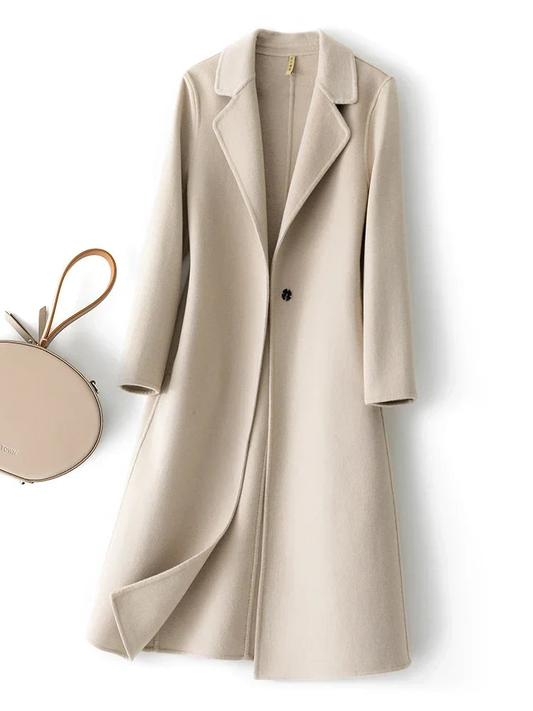 Women's longline coat in beige, single button long coat
