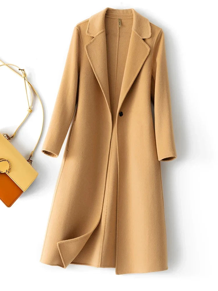 Women's longline coat in camel, single button long coat