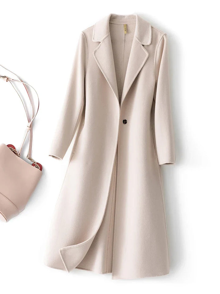 Women's longline coat in ivory, single button long coat