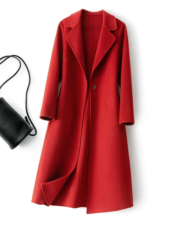 Women's longline coat in red, single button long coat