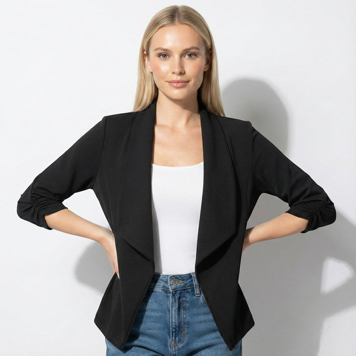 Women's open front blazer, waterfall draped lapel ruched sleeve, view 2