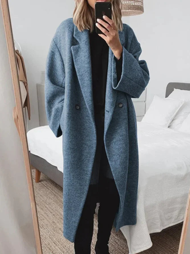 Women's oversized coat in blue, notch lapel longline overcoat