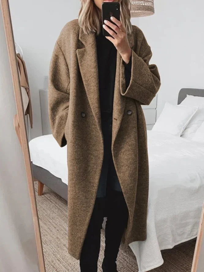 Women's oversized coat in brown, notch lapel longline overcoat