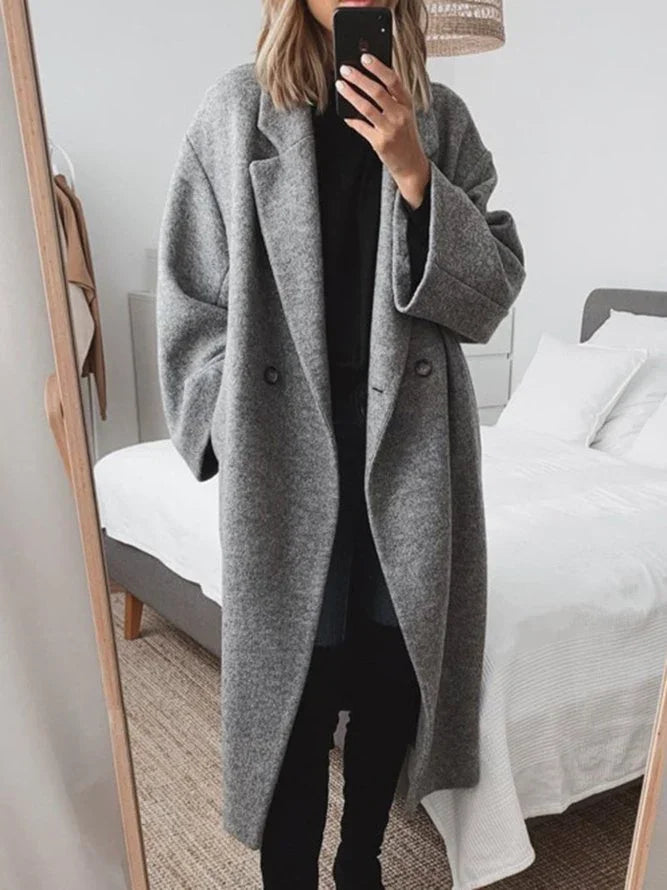 Women's oversized coat in grey, notch lapel longline overcoat