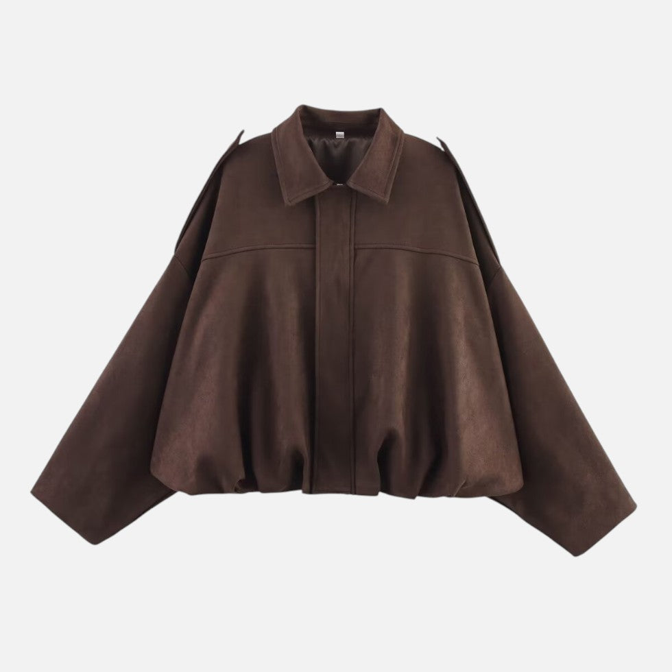 Women's cropped jacket in brown, collared bomber elasticated hem