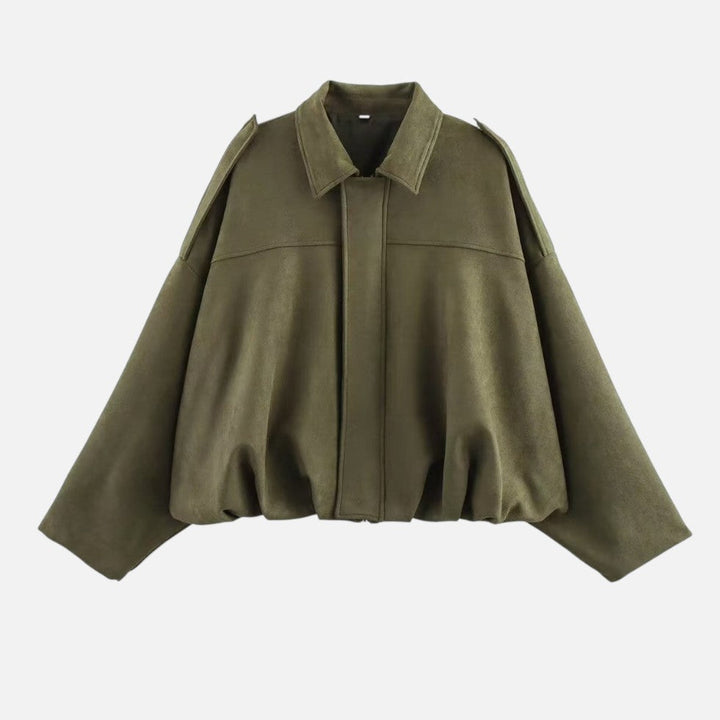 Women's cropped jacket in green, collared bomber elasticated hem