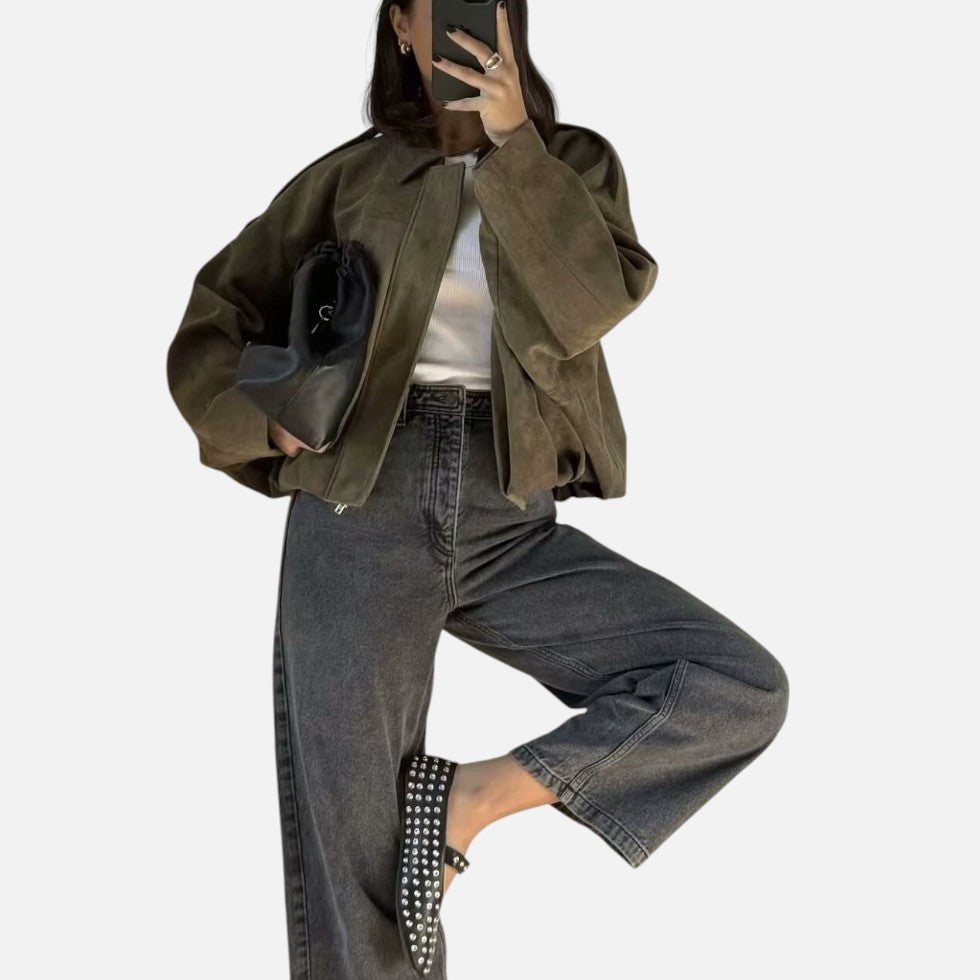 Women's cropped jacket, collared bomber elasticated hem, view 2