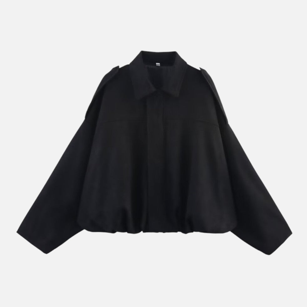 Women's cropped jacket in shiny black, collared bomber elasticated hem