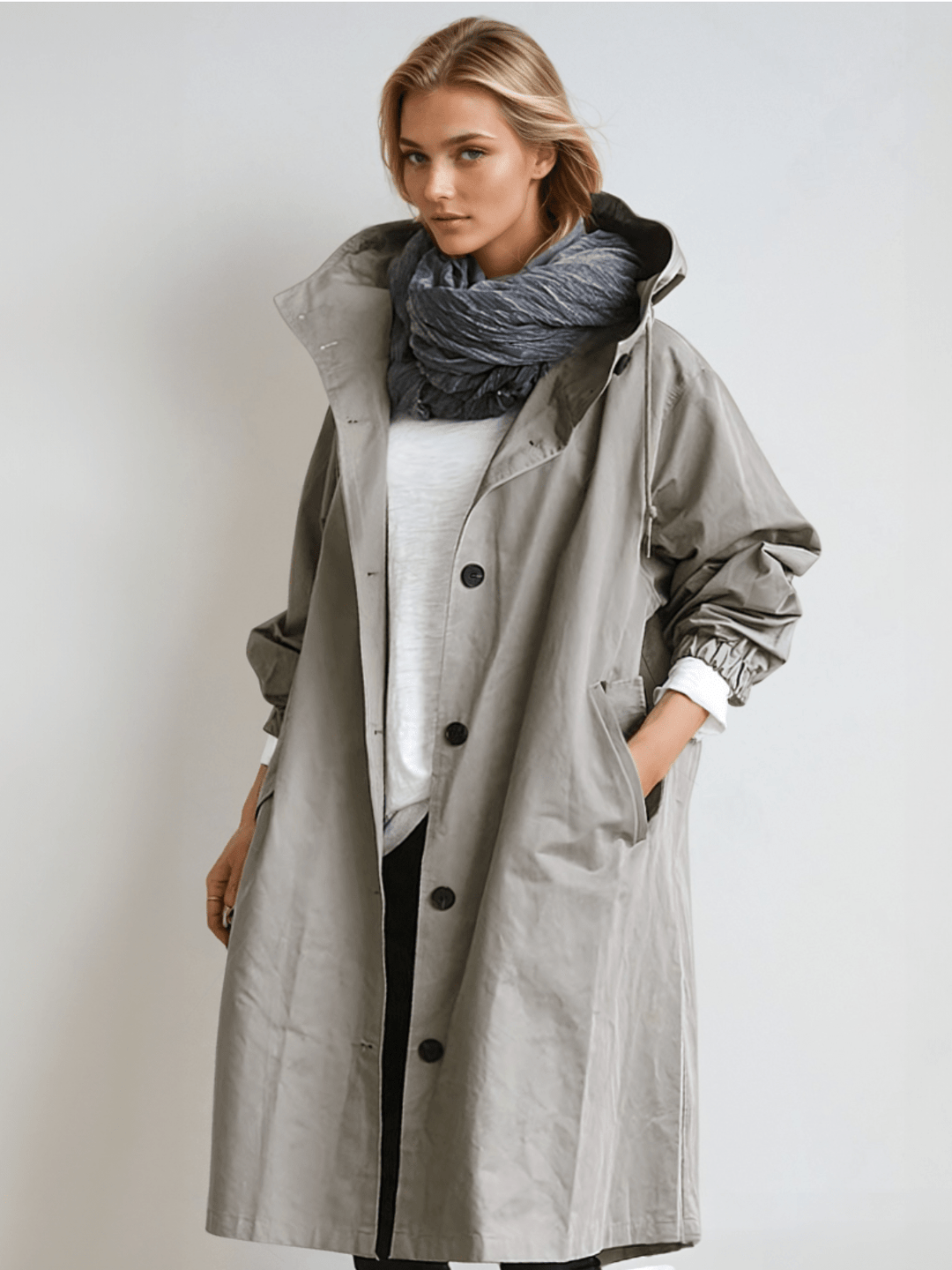 Women's hooded trench coat in grey, button front longline parka