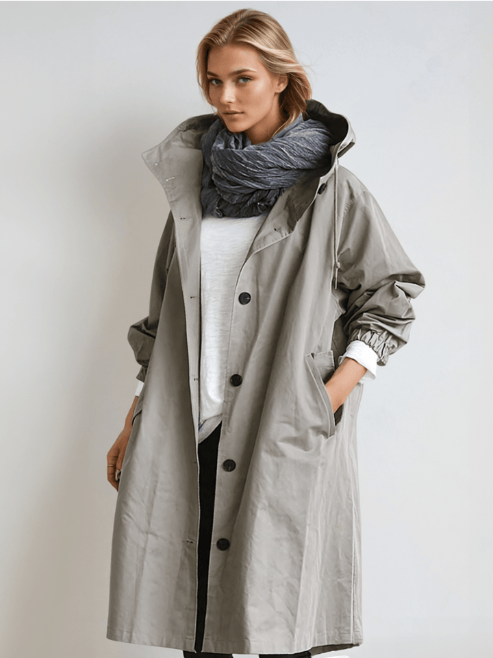 Women's hooded trench coat in grey, button front longline parka