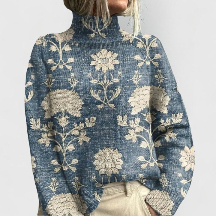 Women's oversized jumper in blue floral, printed funnel neck ribbed knit