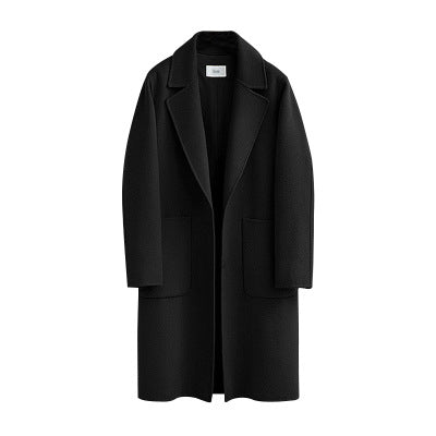 Black oversized long coat with wide lapels and low patch pockets