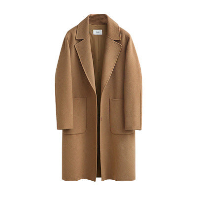 Women's oversized long coat in camel, longline notch lapel with patch pockets