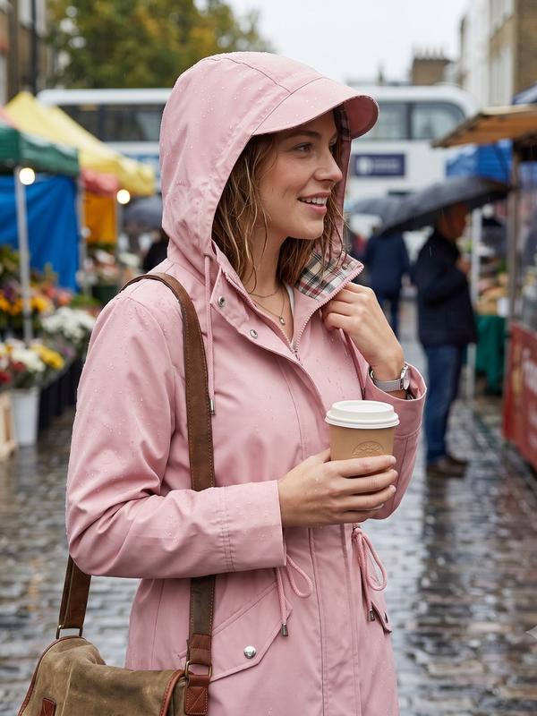 Woman in a pink hooded parka coat with a coffee on a market street