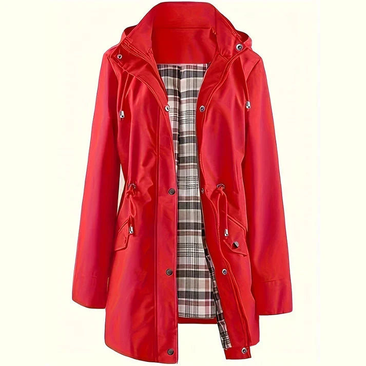 Red parka coat with a hood and a check lining laid out front view