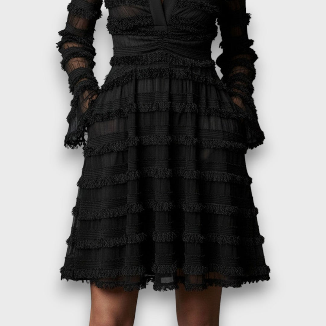 Detail of the layered fringe tiers on the A-line skirt