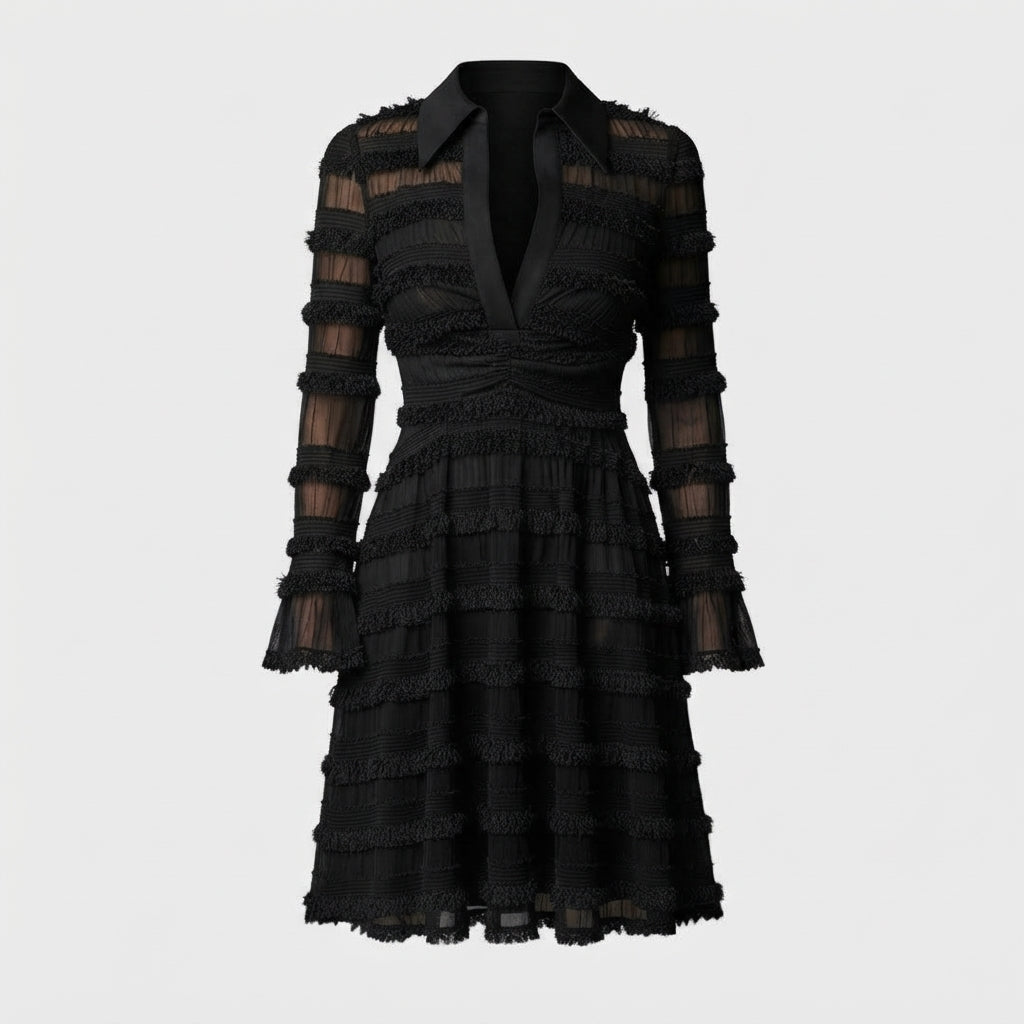 Black fringe midi dress laid flat with collar and long sleeves