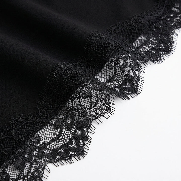 Detail of the black eyelash lace trim at the hem